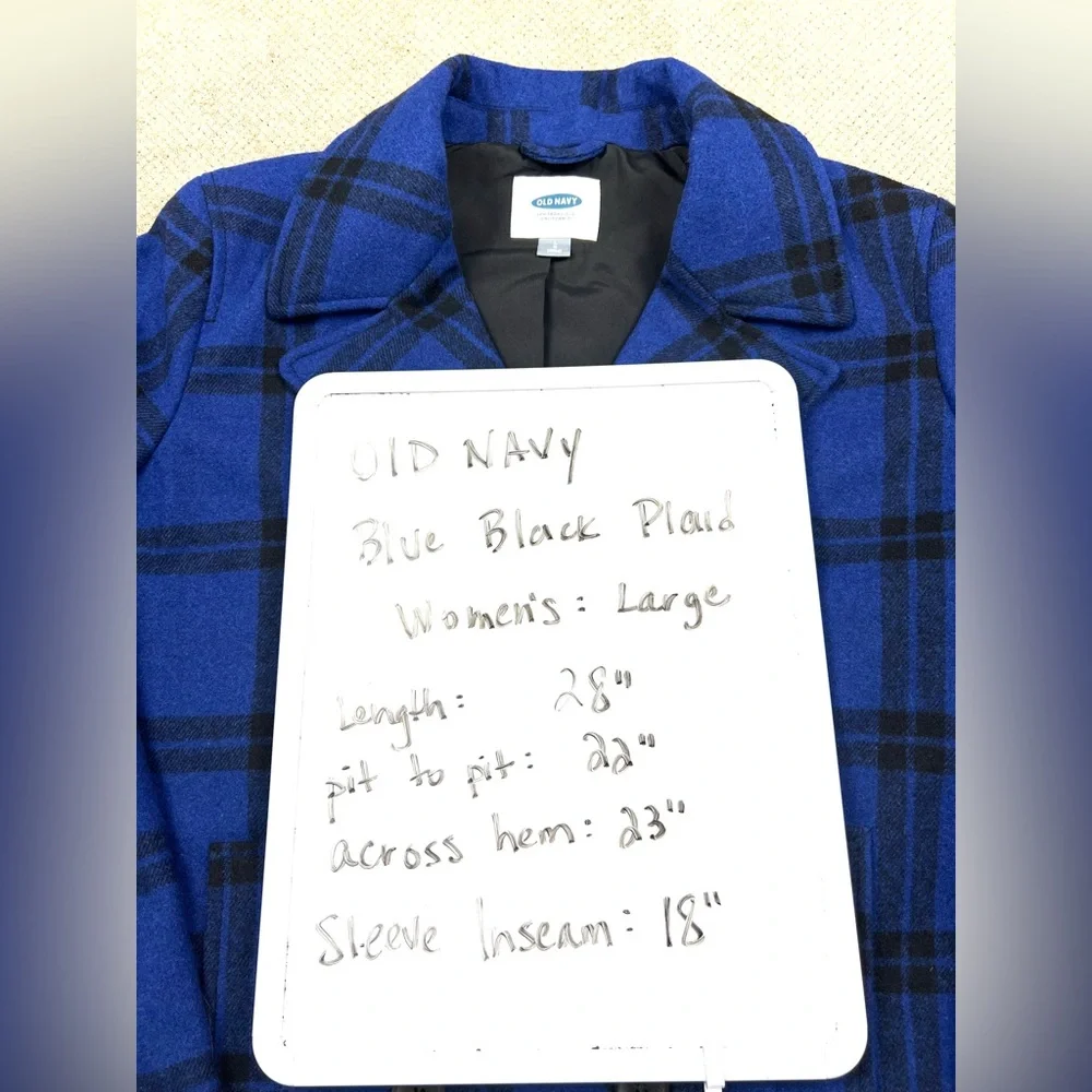 Old Navy Women’s Large Blue Black Plaid Double Breasted Mid Length Wool Peacoat - Picture 8 of 10